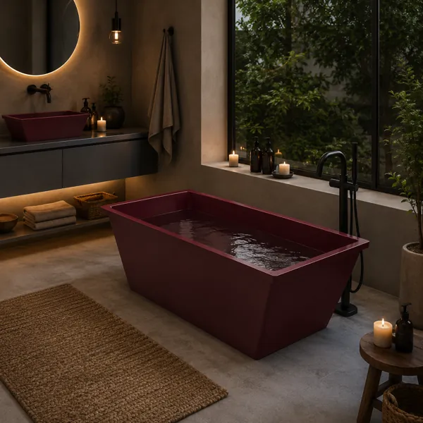 Rectangular Freestanding Bathtub – Deep Burgundy Tapered Sides 3D Model back