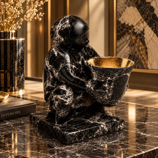 Black Marble Figurine with Gold Bowl 3D Model back