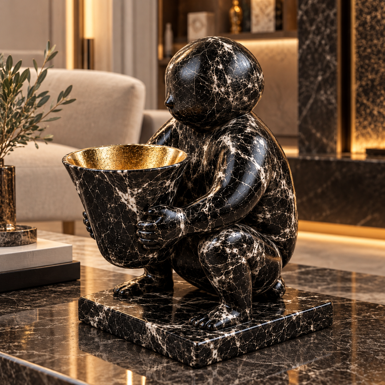 Black Marble Figurine with Gold Bowl 3D Model 4