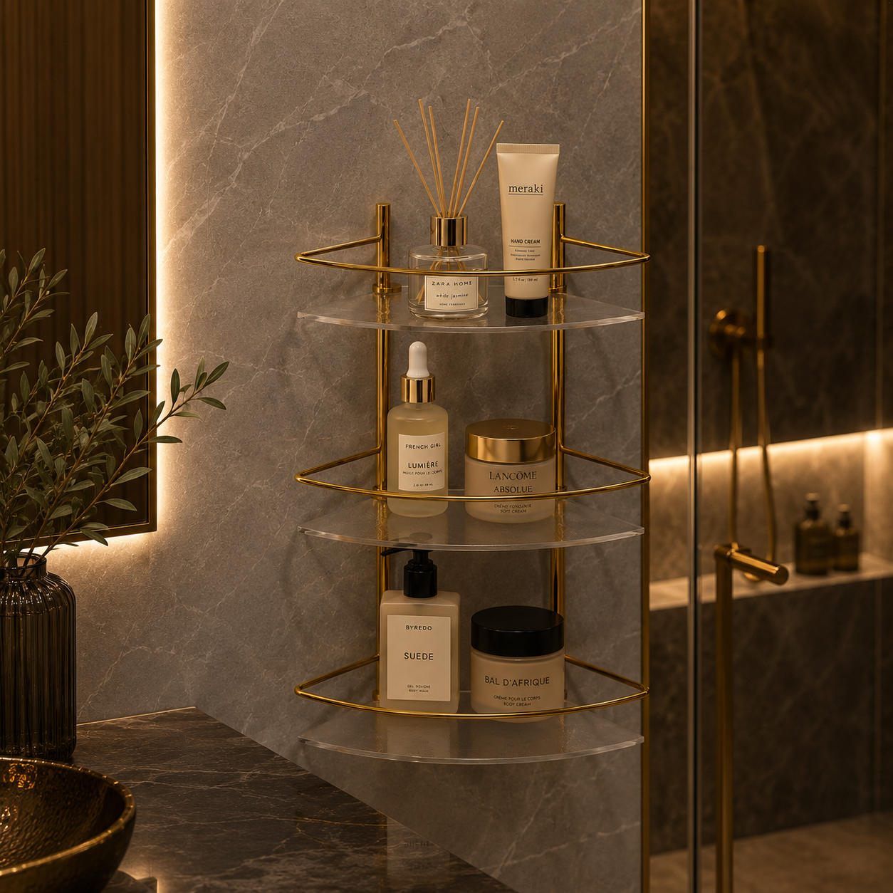 Gold Three-Tier Corner Bathroom Shelf 3D Model 2