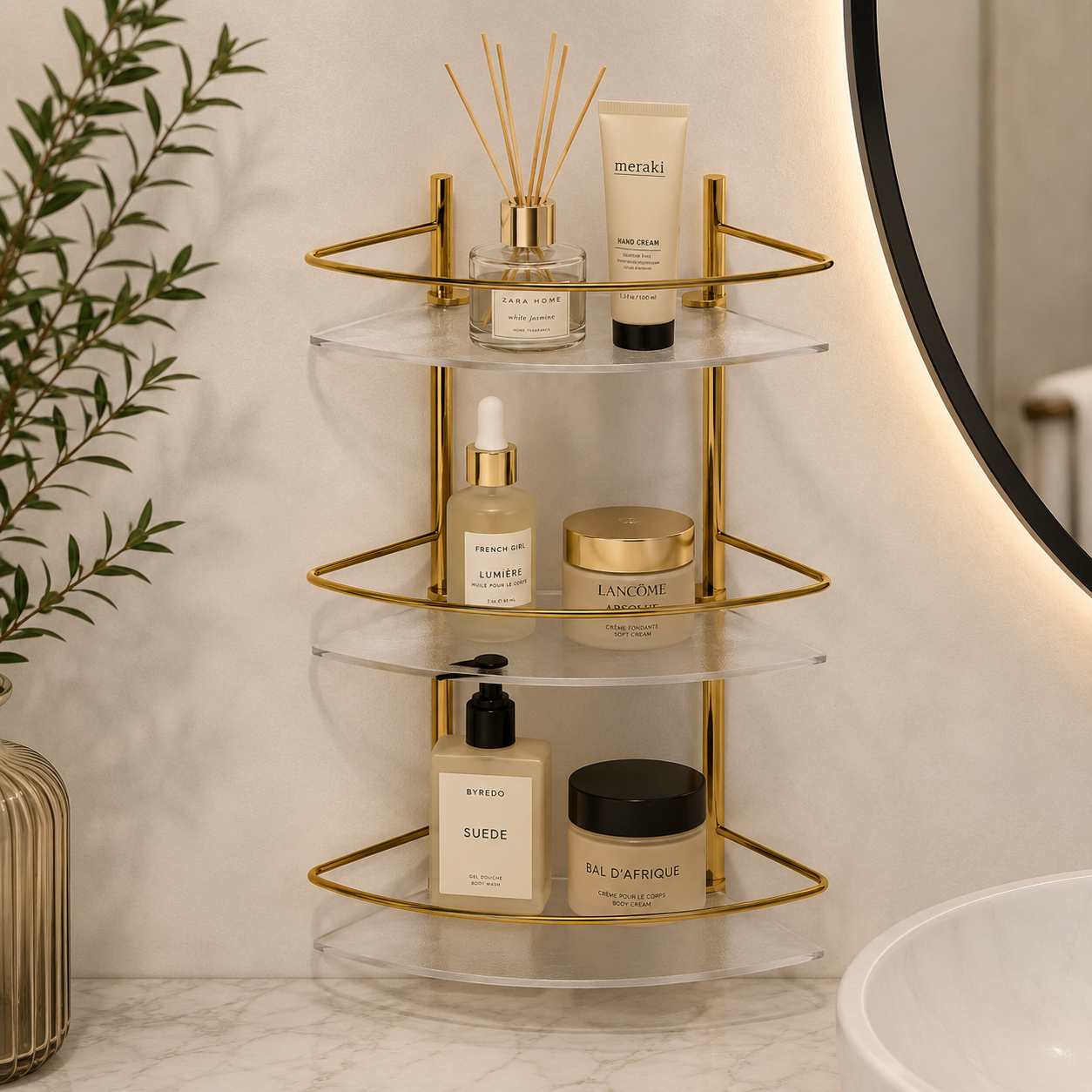 Gold Three-Tier Corner Bathroom Shelf 3D Model 3