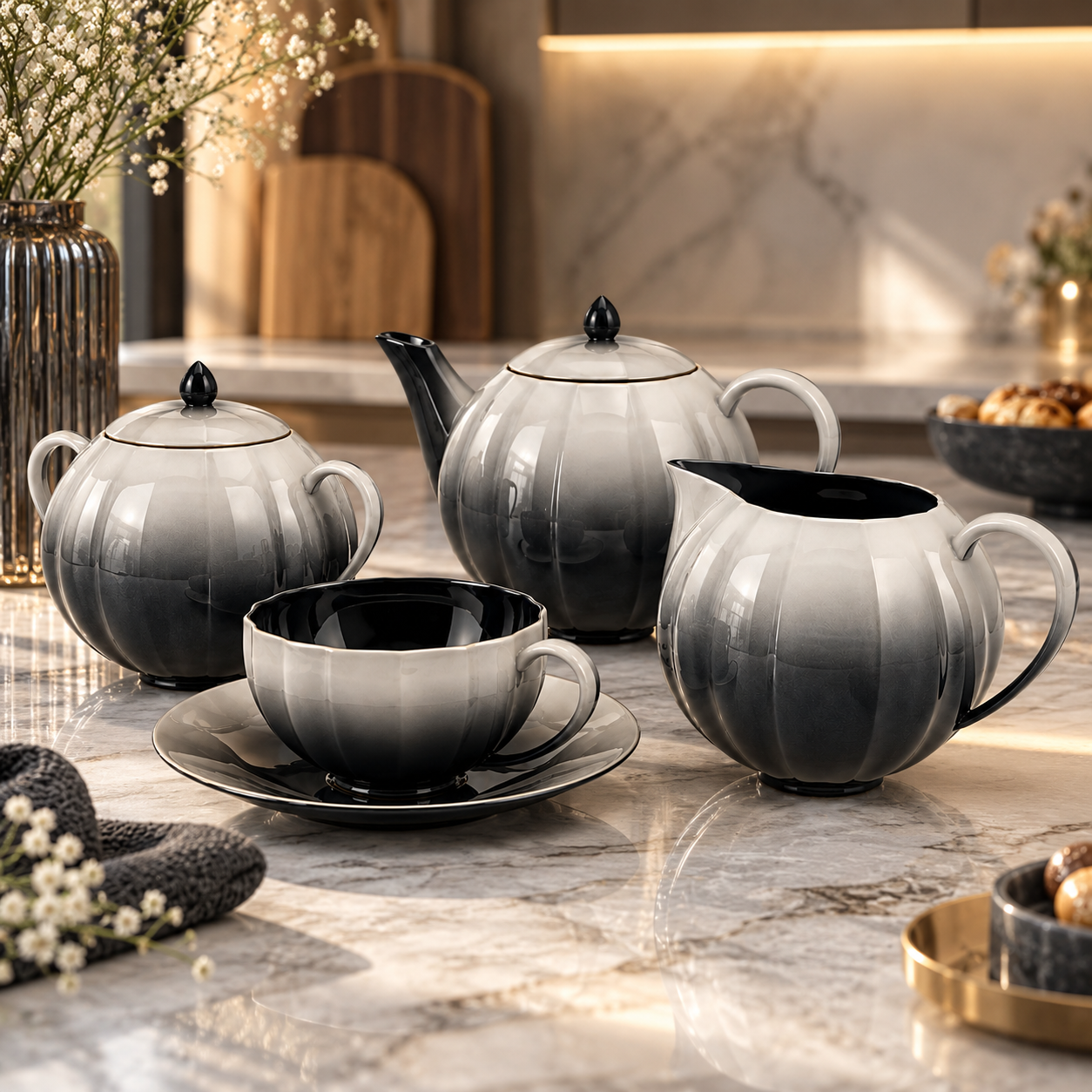 Black White Gradient Porcelain Tea Set 3D Model 4