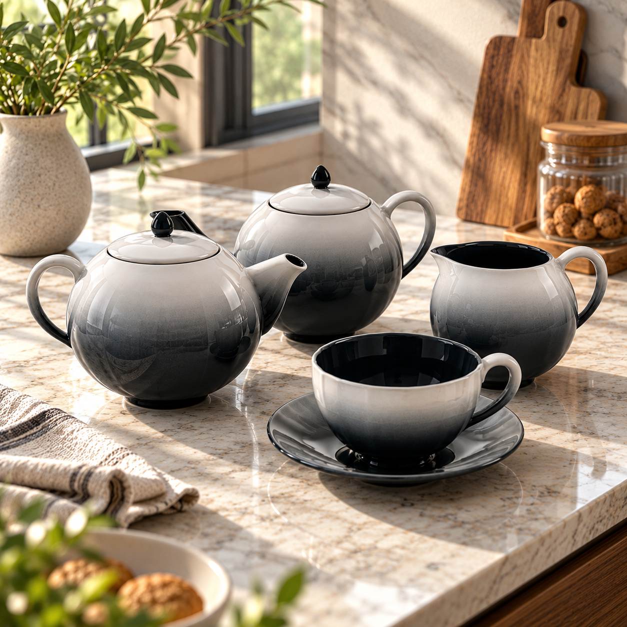 Black White Gradient Porcelain Tea Set 3D Model 2