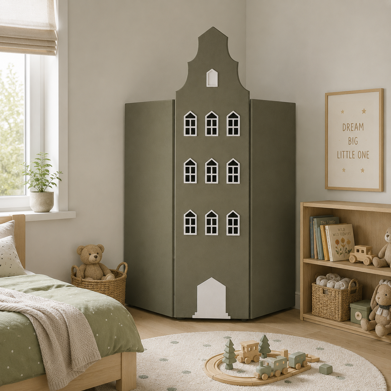 Sage Olive Gable House Wardrobe – White Pointed Windows 3D Model 3