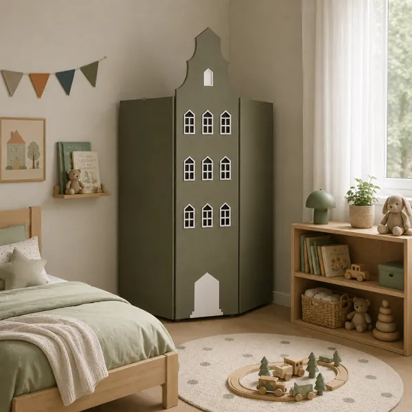 Sage Olive Gable House Wardrobe – White Pointed Windows 3D Model back