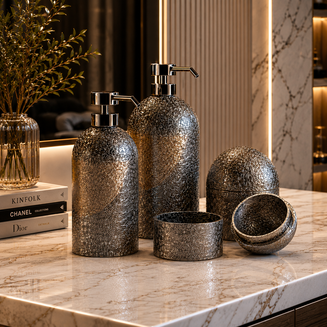 Smoky Gray Bathroom Accessory Set – Embossed Floral Glass 3D Model 3