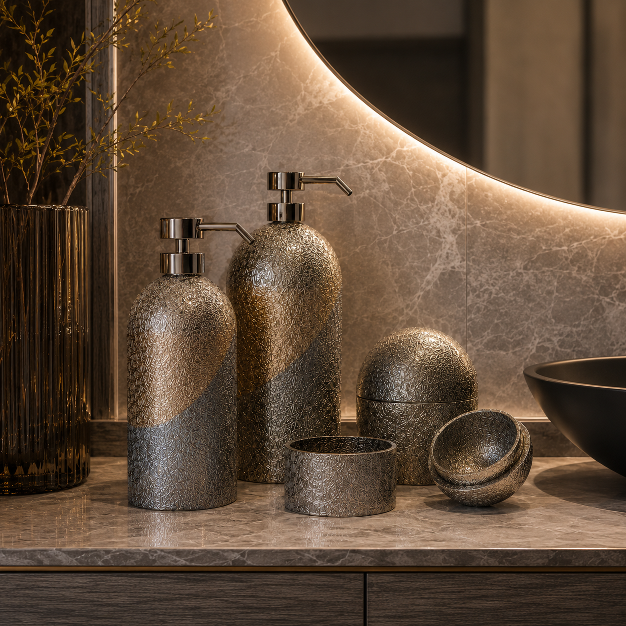 Smoky Gray Bathroom Accessory Set – Embossed Floral Glass 3D Model 2