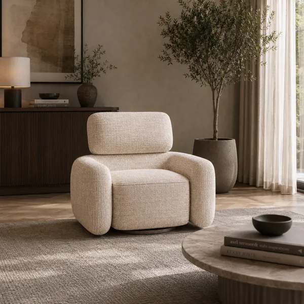 Cream Textured Armchair – Rounded Wood Base 3D Model back