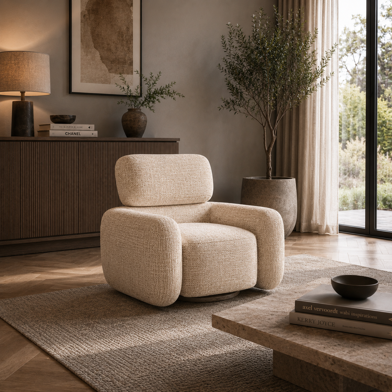Cream Textured Armchair – Rounded Wood Base 3D Model 3