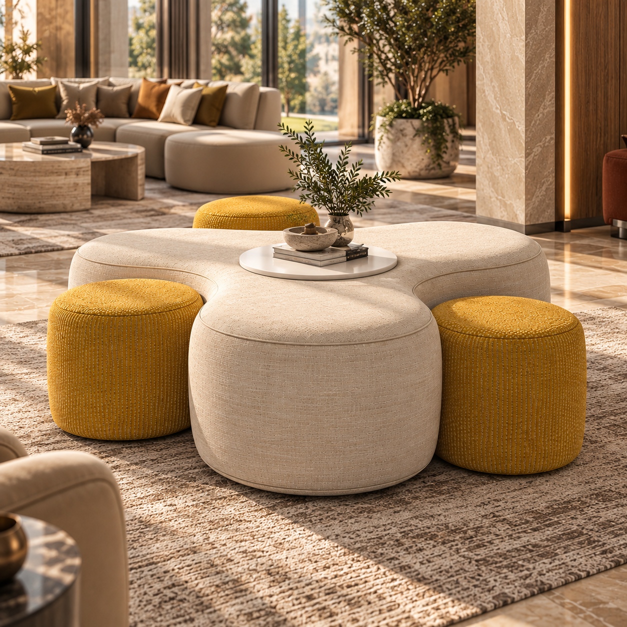 Beige and Mustard Modular Ottoman Seating Set 3D Model 2