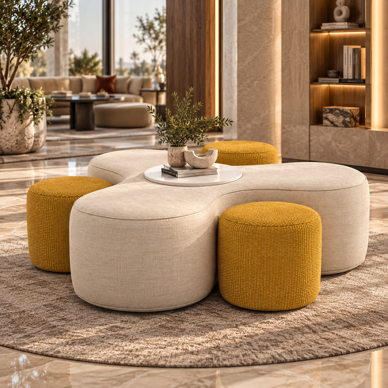Beige and Mustard Modular Ottoman Seating Set 3D Model 4
