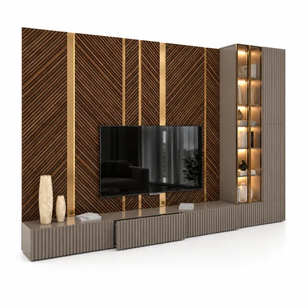 Diagonal Slat Wood TV Wall Unit 3D Model