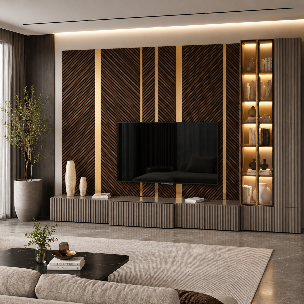 Diagonal Slat Wood TV Wall Unit 3D Model 4