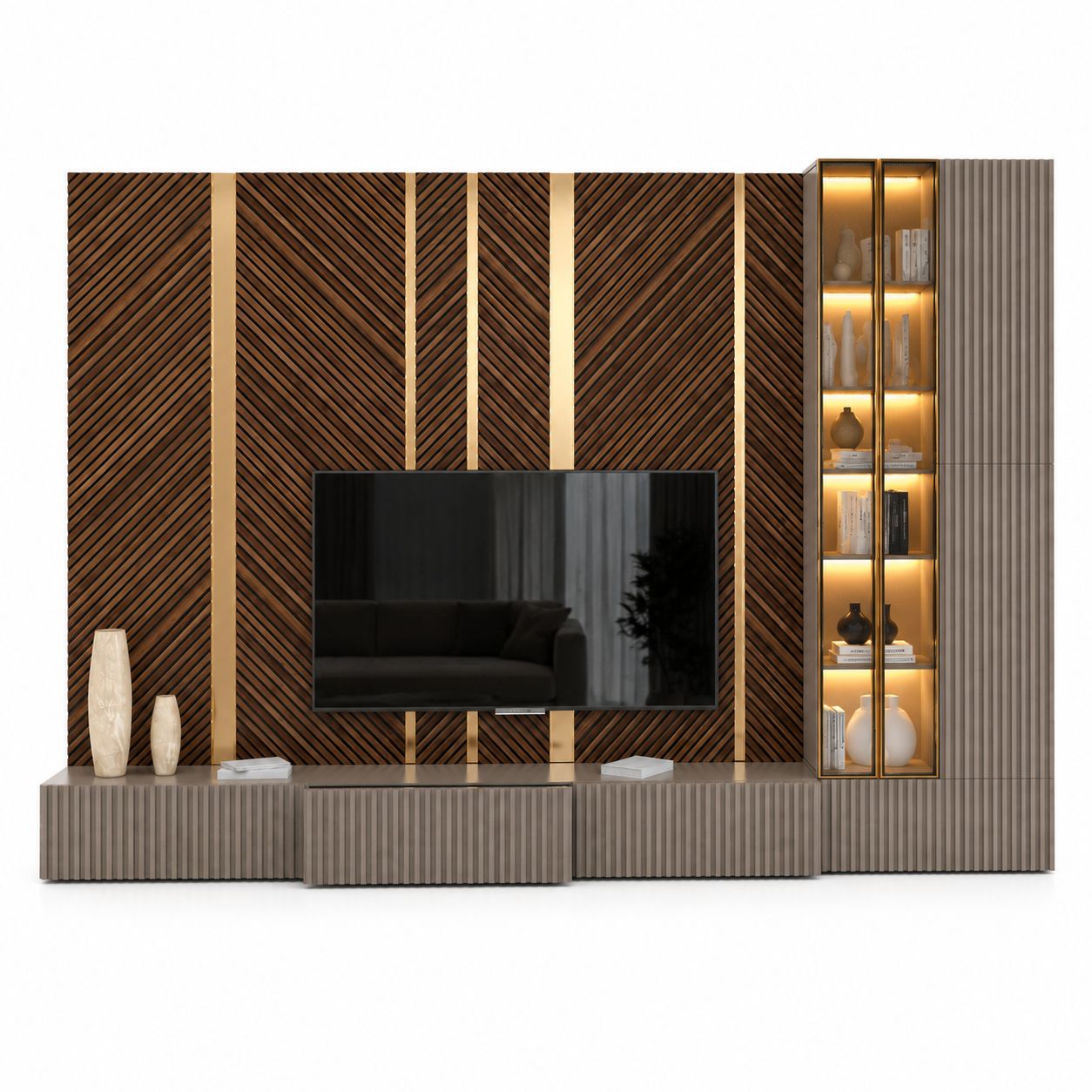 Diagonal Slat Wood TV Wall Unit 3D Model 3