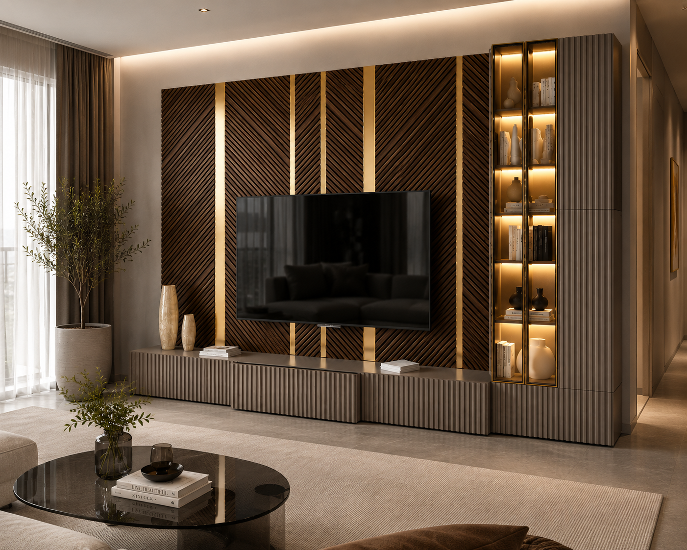 Diagonal Slat Wood TV Wall Unit 3D Model 2
