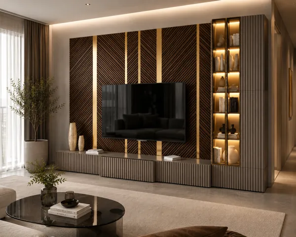 Diagonal Slat Wood TV Wall Unit 3D Model back