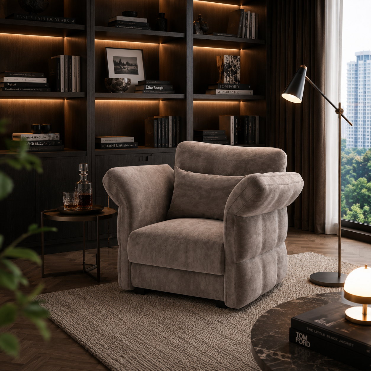 Gray Upholstered Armchair – Sculpted Rolled Arms 3D Model 4