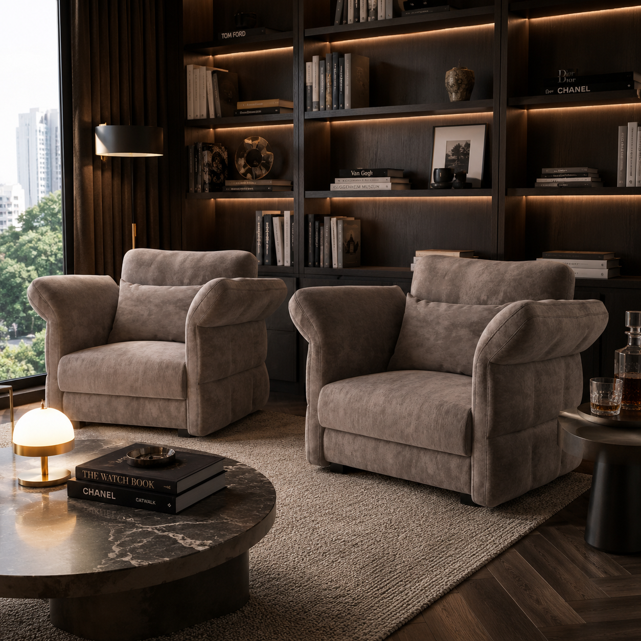 Gray Upholstered Armchair – Sculpted Rolled Arms 3D Model 2