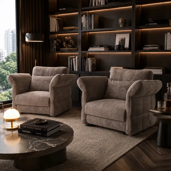 Gray Upholstered Armchair – Sculpted Rolled Arms 3D Model back