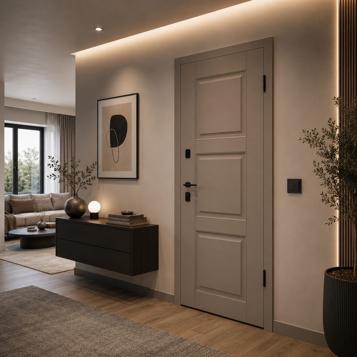 Paneled Steel Door – Taupe & White with Black Hardware 3D Model 3