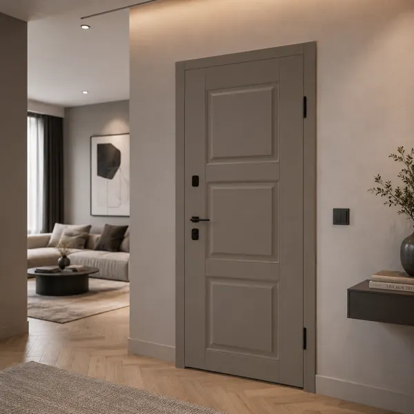Paneled Steel Door – Taupe & White with Black Hardware 3D Model back