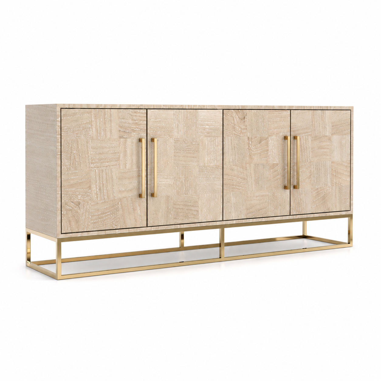 Light Wood Patchwork Sideboard with Gold Frame 3D Model 1