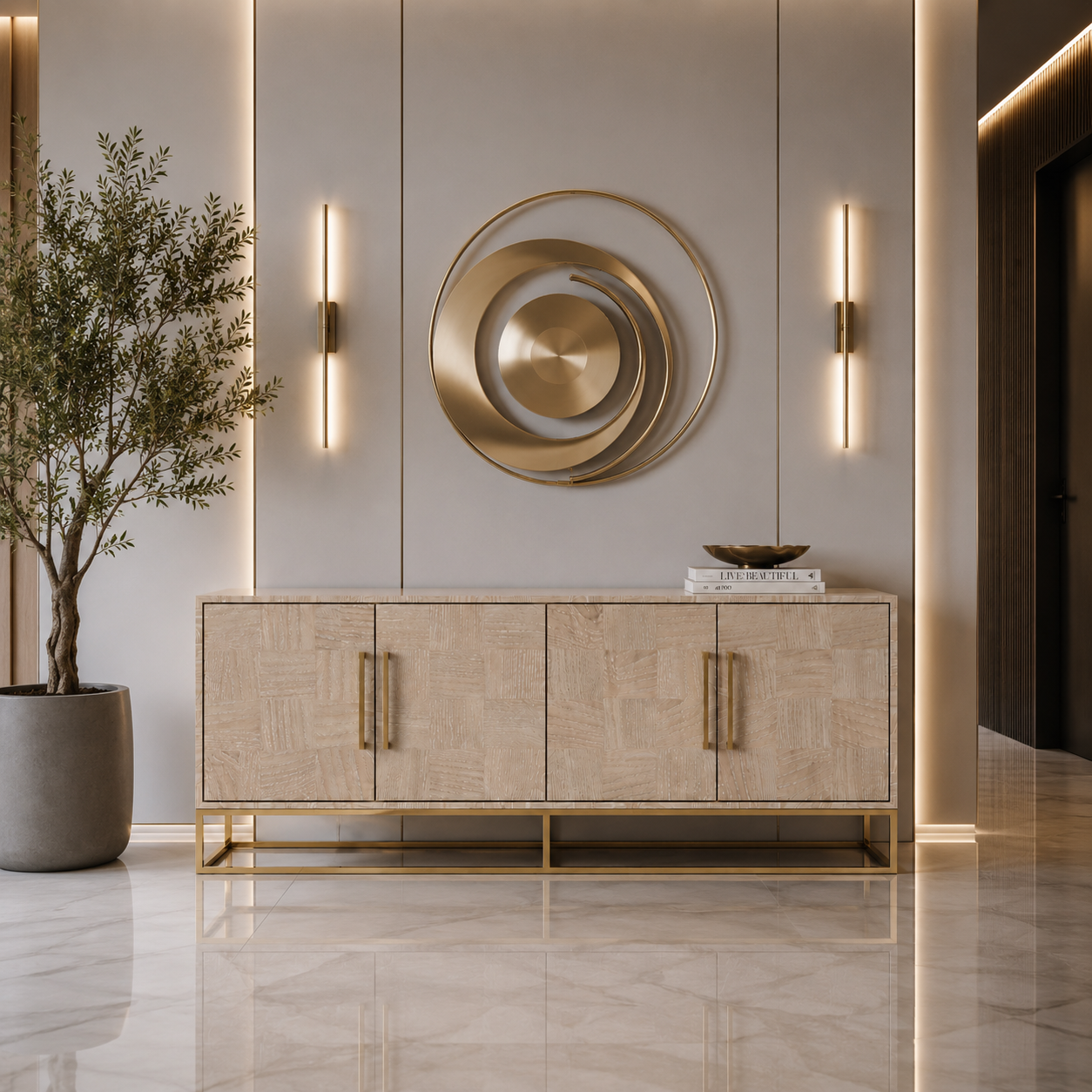 Light Wood Patchwork Sideboard with Gold Frame 3D Model 2
