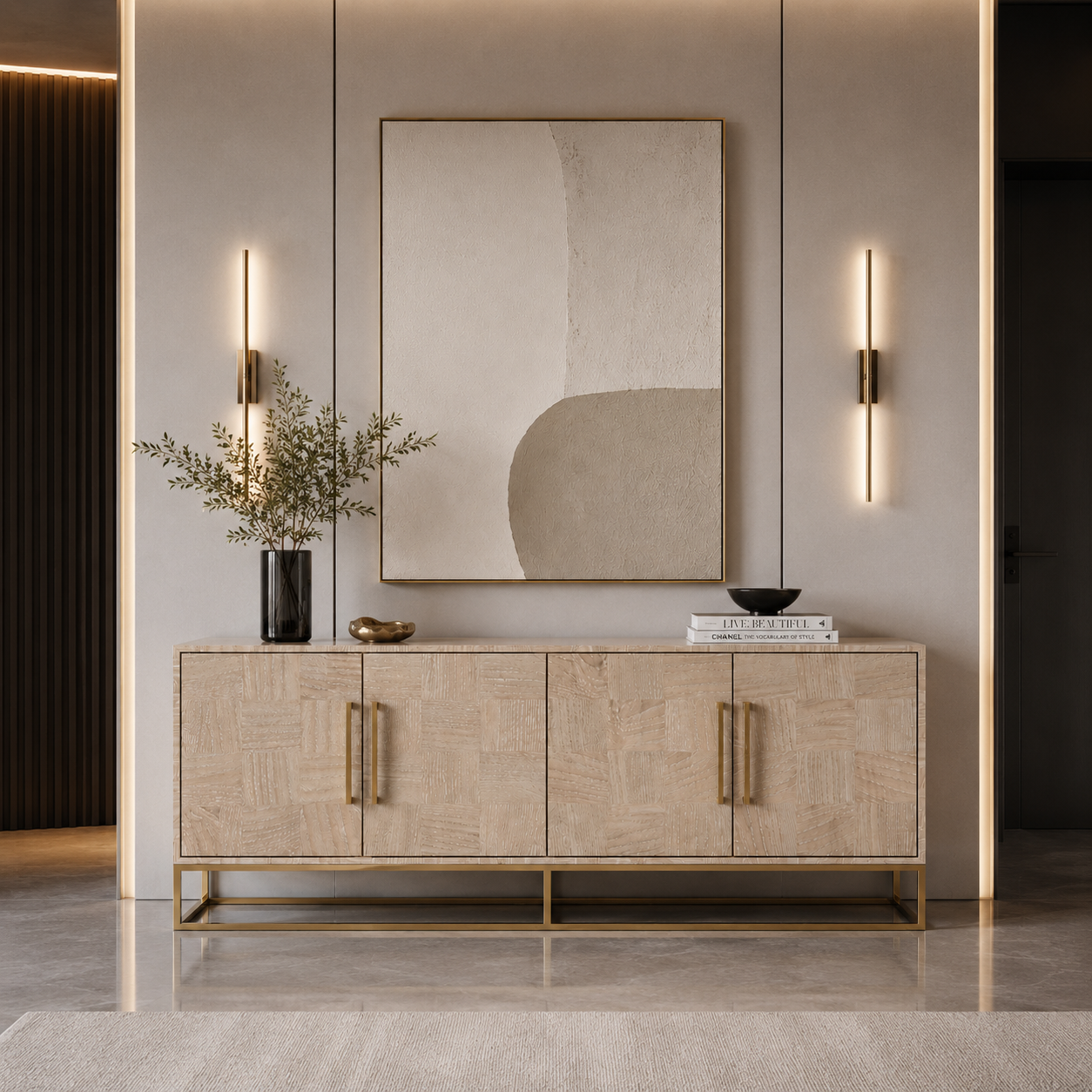 Light Wood Patchwork Sideboard with Gold Frame 3D Model 4
