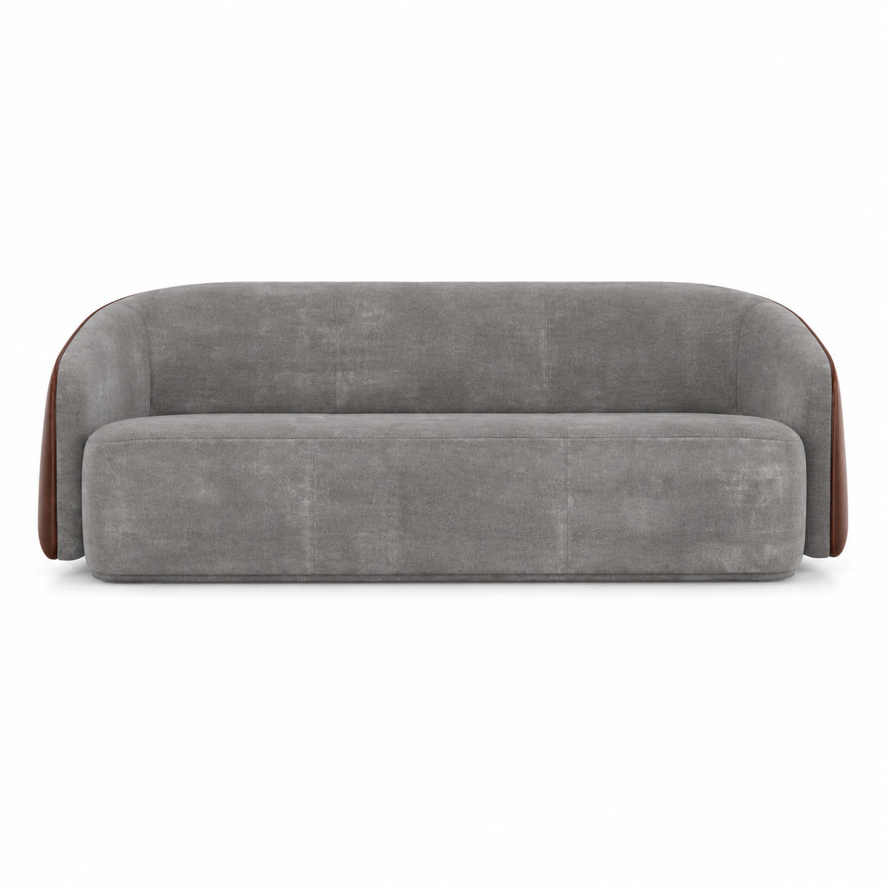 Gray Curved Sofa with Brown Leather Side Panels 3