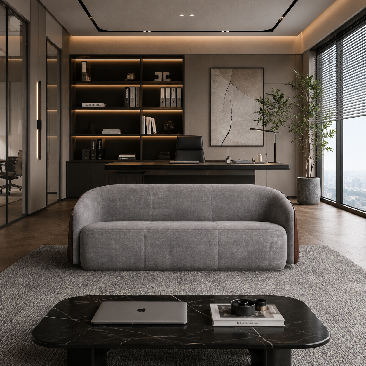 Gray Curved Sofa with Brown Leather Side Panels 4