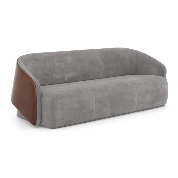 Gray Curved Sofa with Brown Leather Side Panels