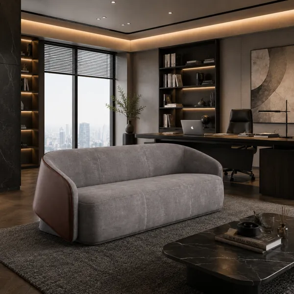 Gray Curved Sofa with Brown Leather Side Panels back
