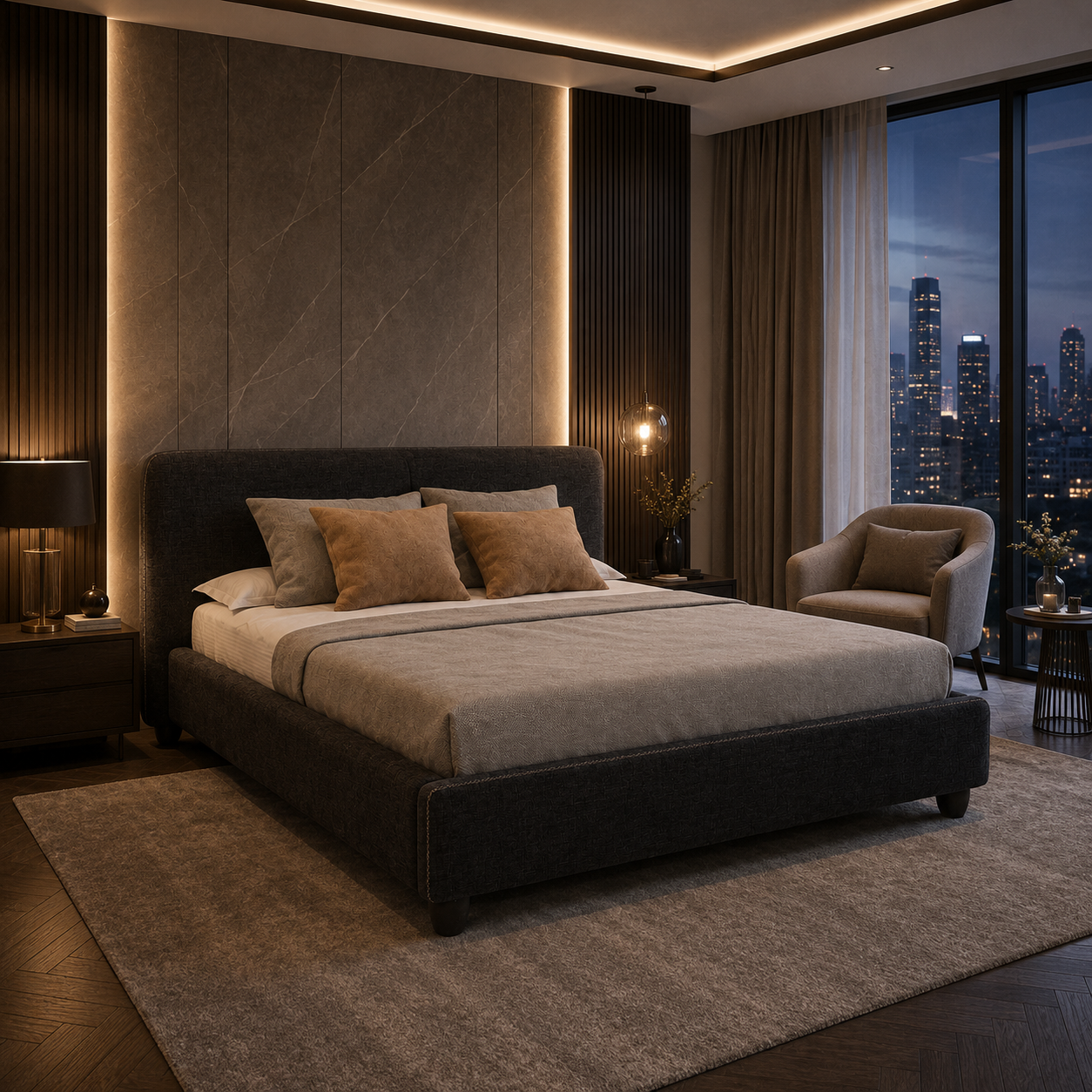 Black Fabric Rounded-Corner Bed with Contrast Stitching 3D Model 2