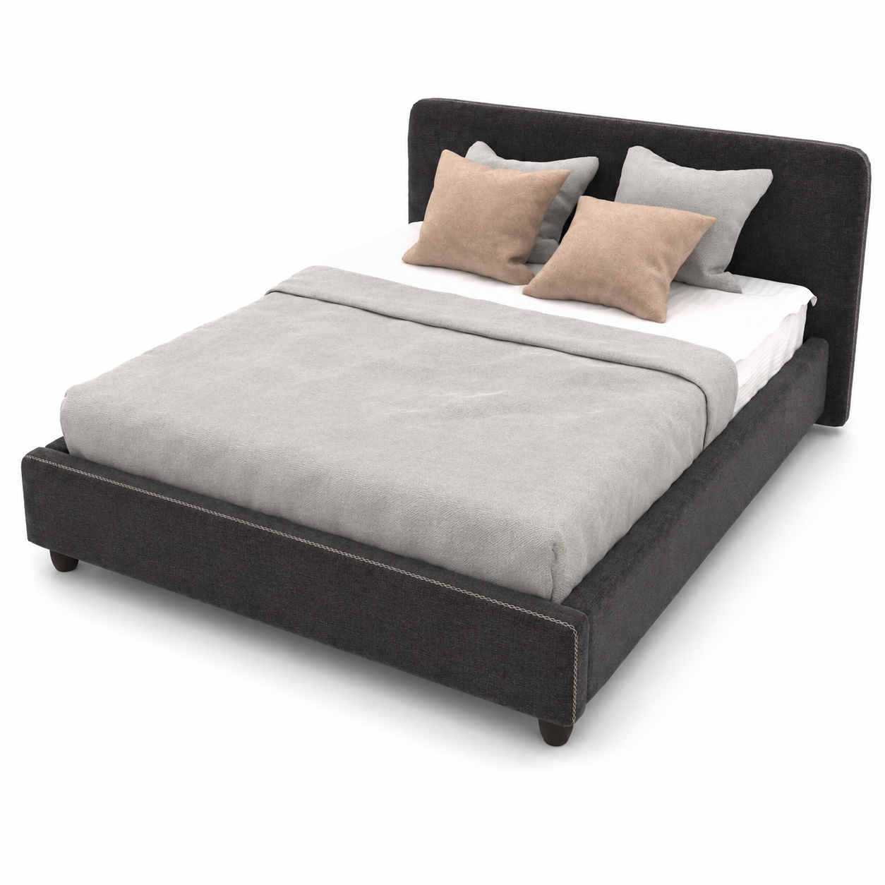 Black Fabric Rounded-Corner Bed with Contrast Stitching 3D Model 3