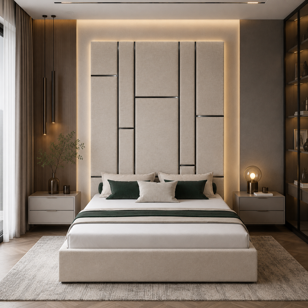 Beige Modern Upholstered Bed 3D Model 4