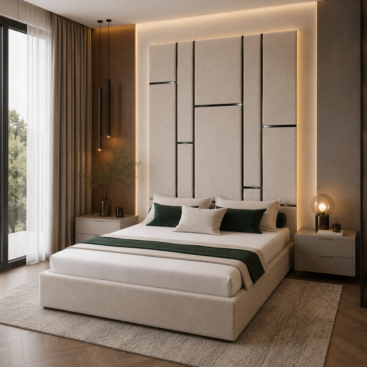Beige Modern Upholstered Bed 3D Model 2