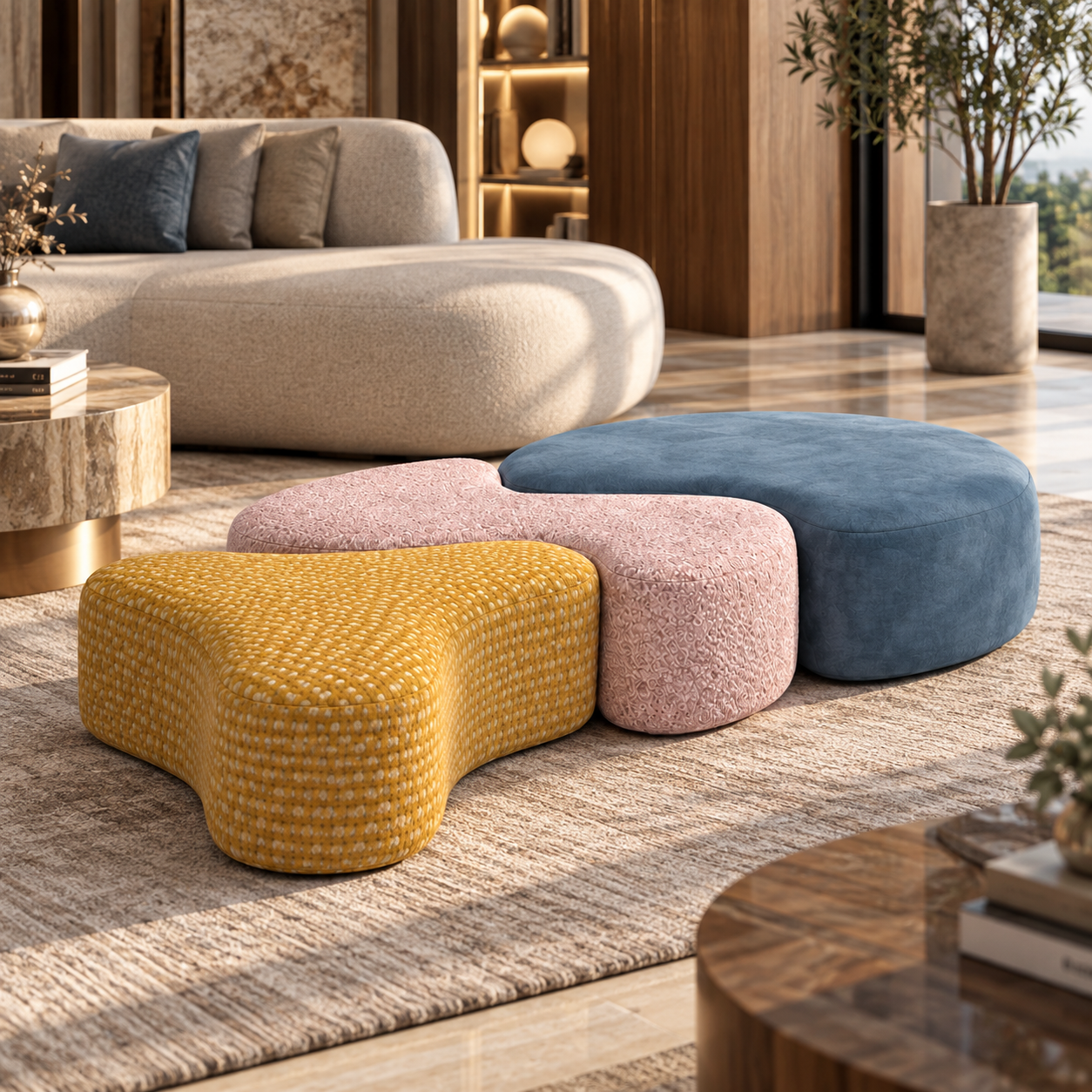 Multicolor Organic Modular Fabric Pouf Set 3D Model 2