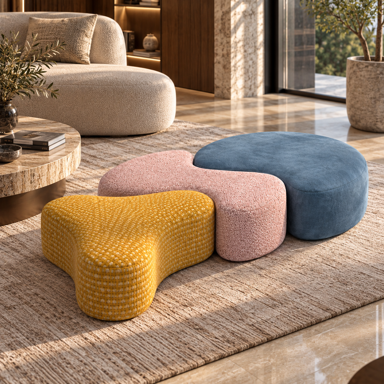 Multicolor Organic Modular Fabric Pouf Set 3D Model 4