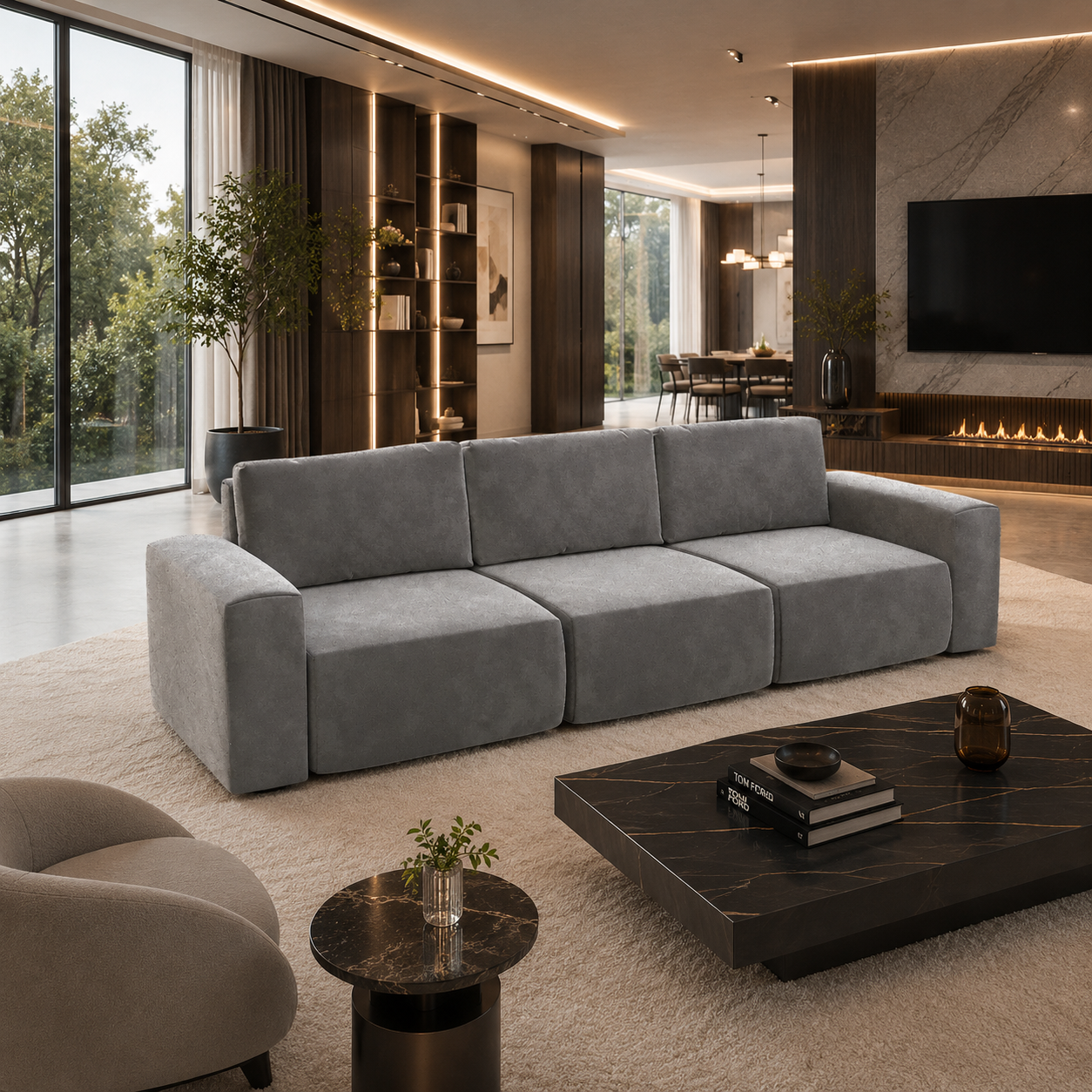 Warm Gray Velvet Three-Seat Sofa – Deep Modular Cushions 3D Model 2