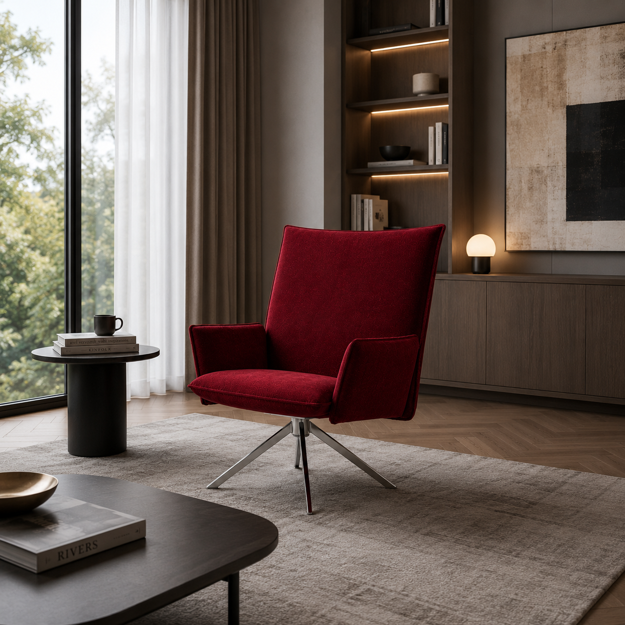 Modern Burgundy Fabric Swivel Lounge Armchair 3D Model 4