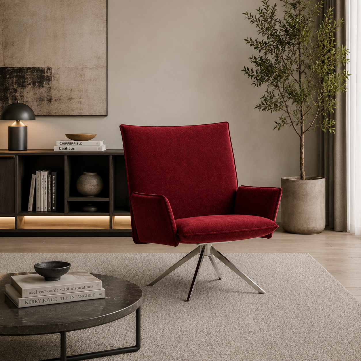 Modern Burgundy Fabric Swivel Lounge Armchair 3D Model 2