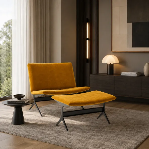 Modern Mustard Velvet Lounge Chair with Ottoman 3D Model back