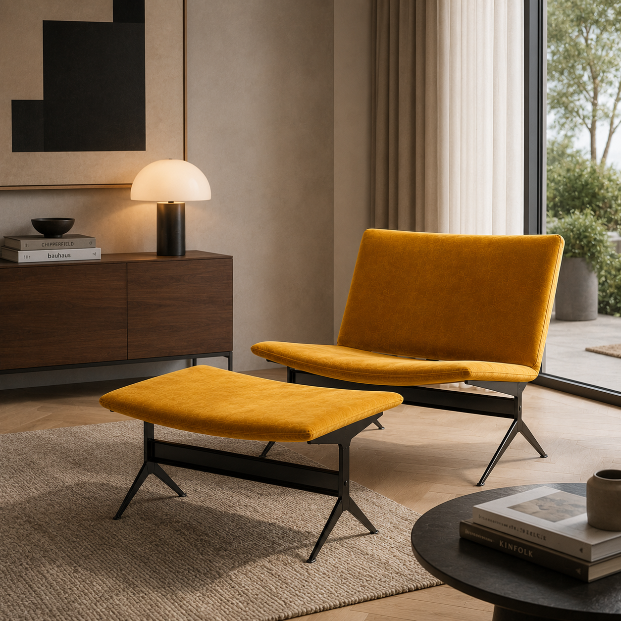 Modern Mustard Velvet Lounge Chair with Ottoman 3D Model 4