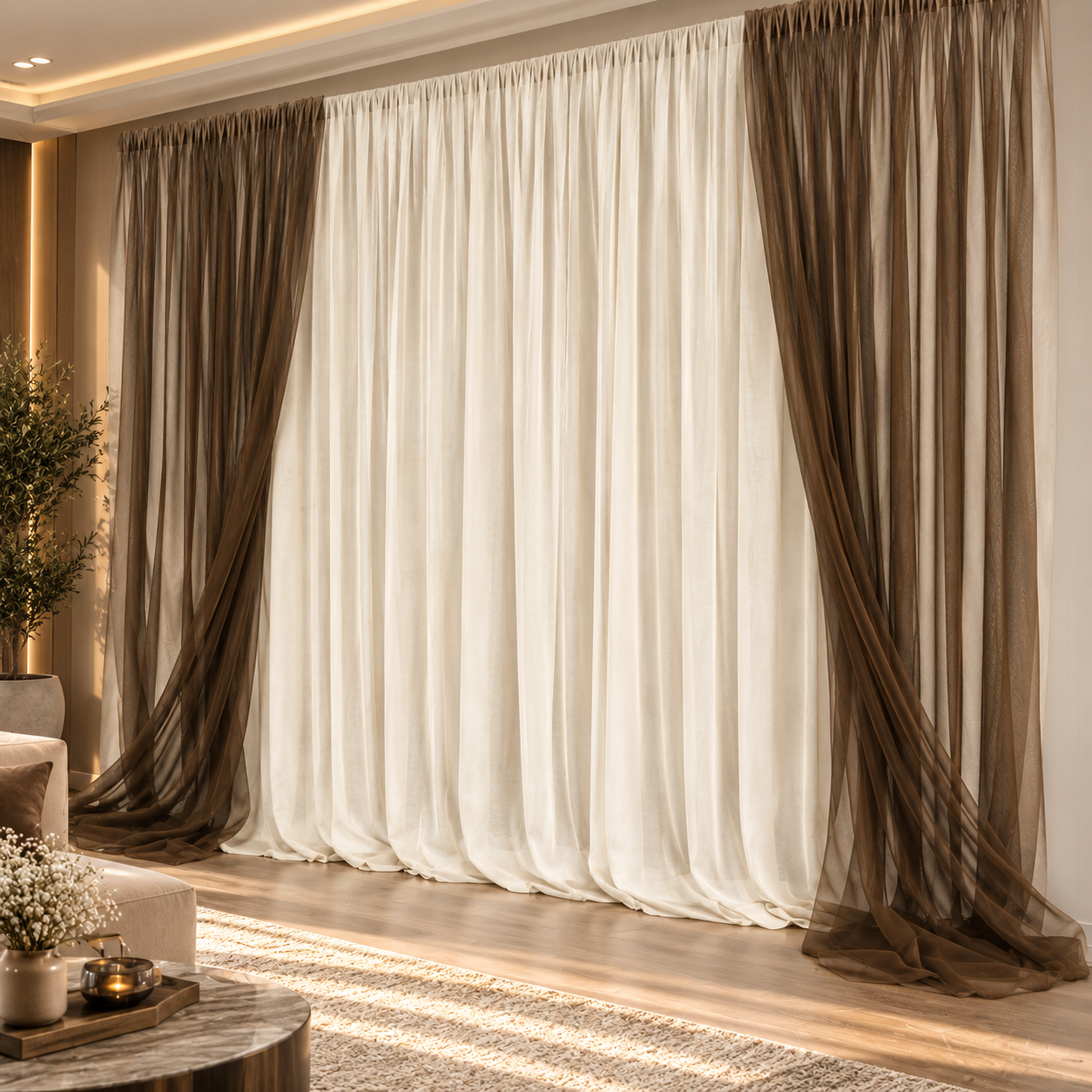 Brown Sheer Layered Curtain 3D Model 4