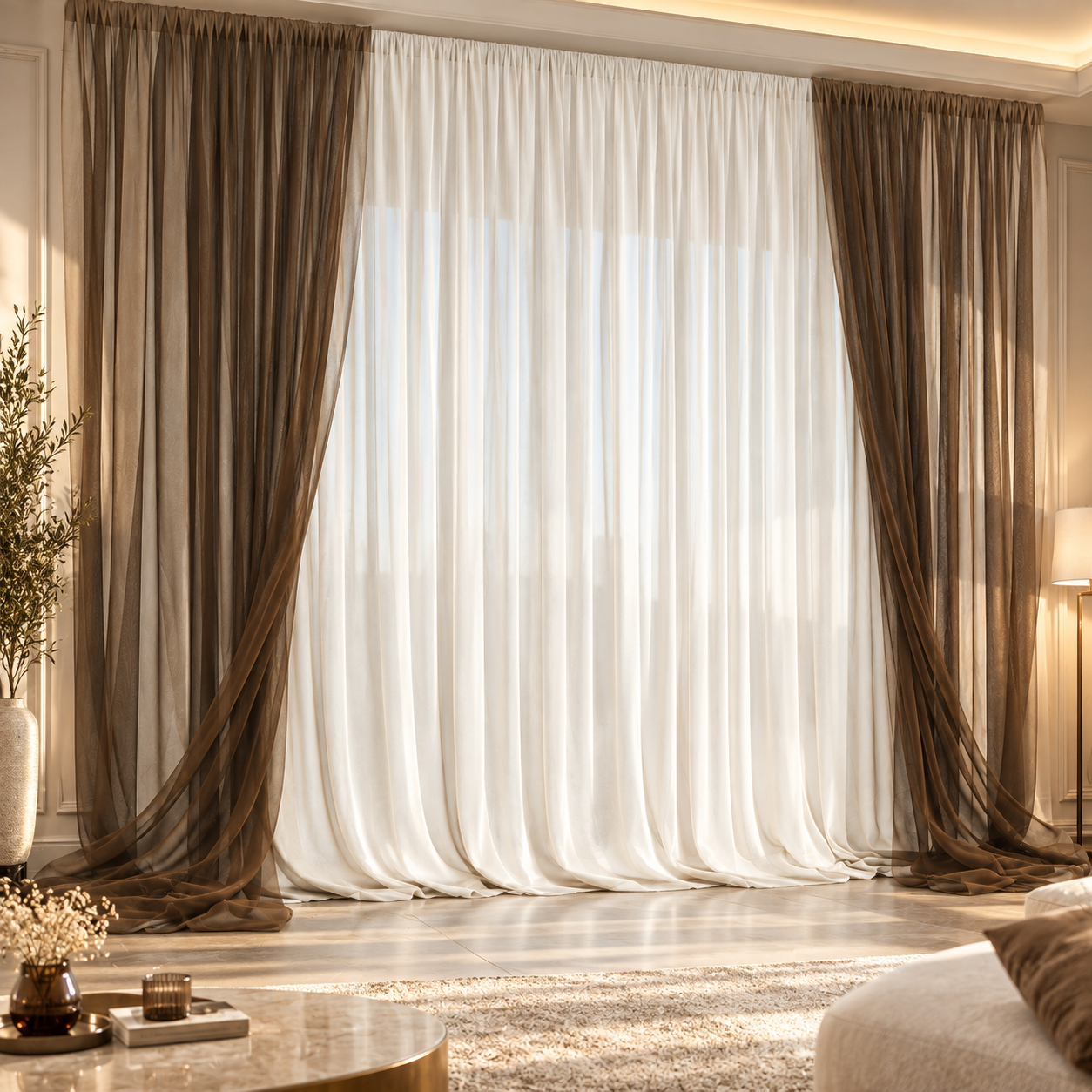 Brown Sheer Layered Curtain 3D Model 2
