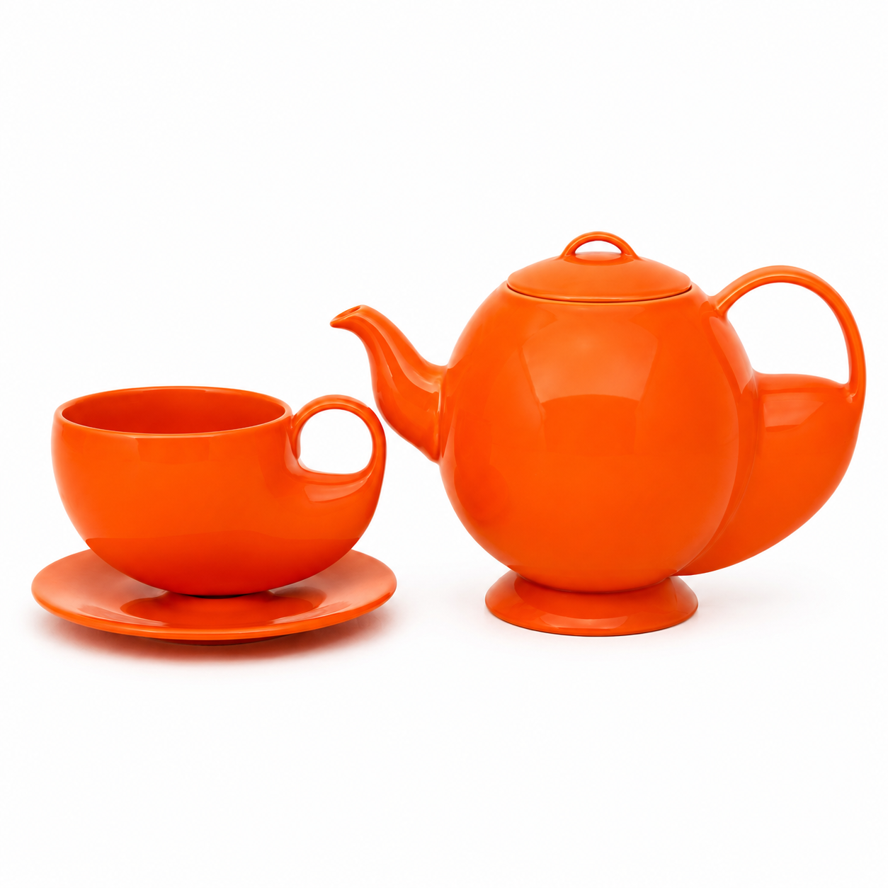 Glossy Orange Porcelain Tea Set – Round Teapot 3D Model 3