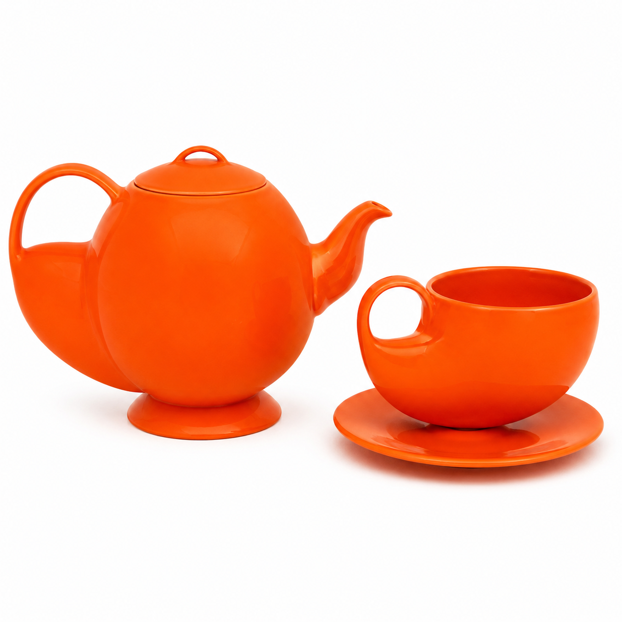 Glossy Orange Porcelain Tea Set – Round Teapot 3D Model 1