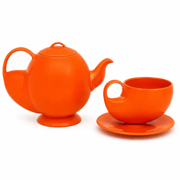 Glossy Orange Porcelain Tea Set – Round Teapot 3D Model