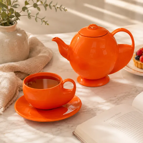 Glossy Orange Porcelain Tea Set – Round Teapot 3D Model back