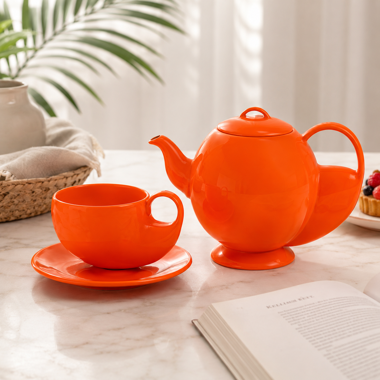 Glossy Orange Porcelain Tea Set – Round Teapot 3D Model 4